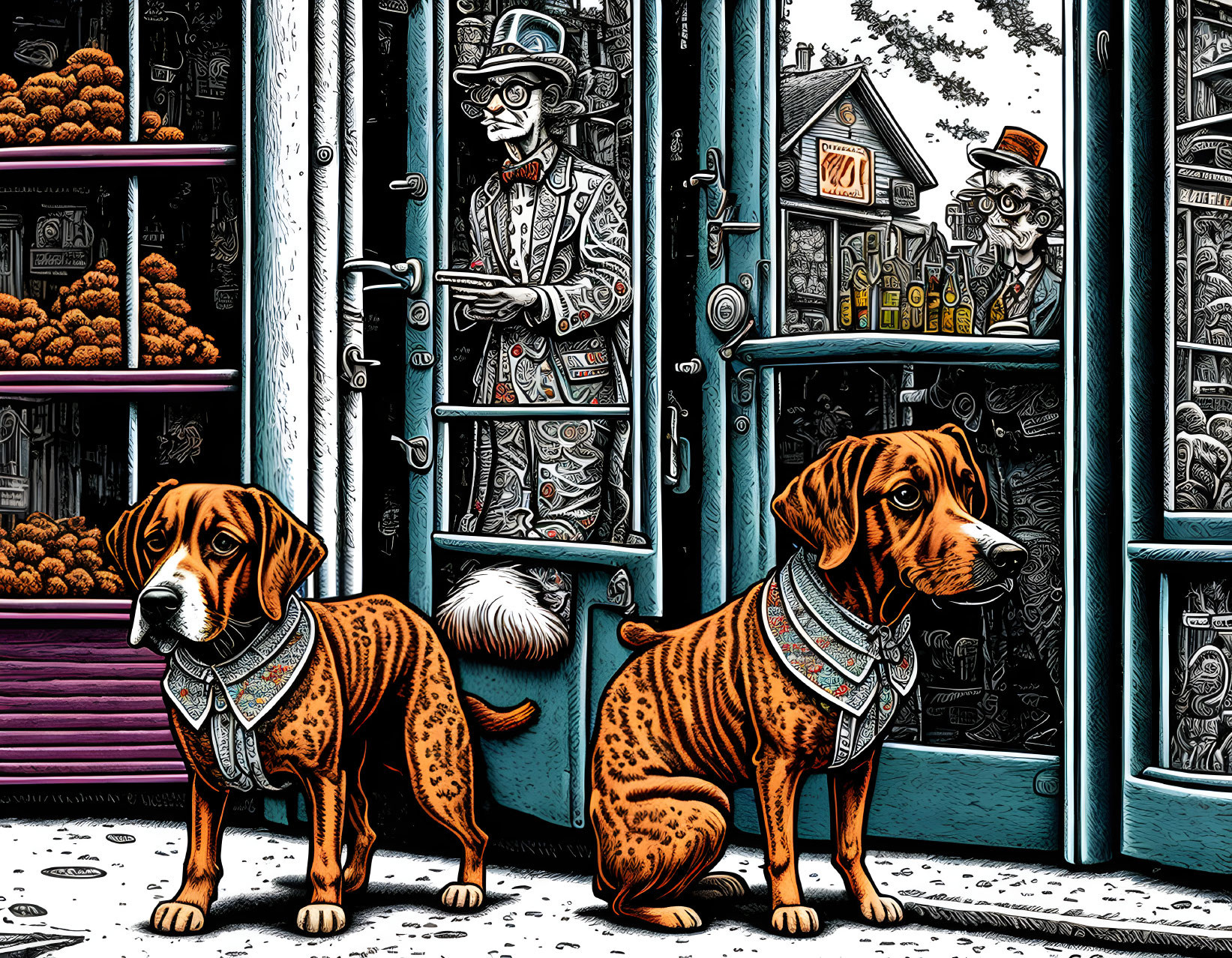 Two beagle dogs in front of colorful shops with man examining bottle and reading newspaper.