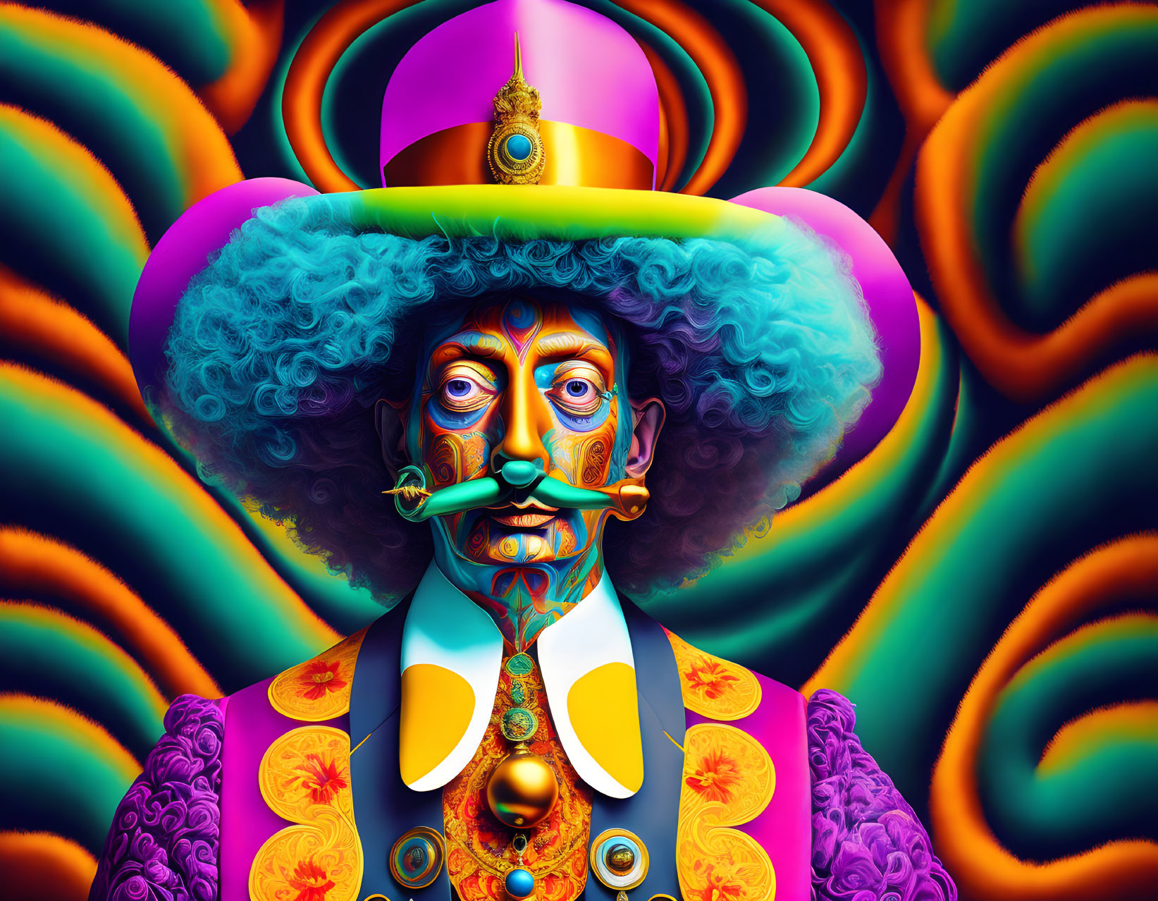 Colorful attire and surreal features in vibrant portrait