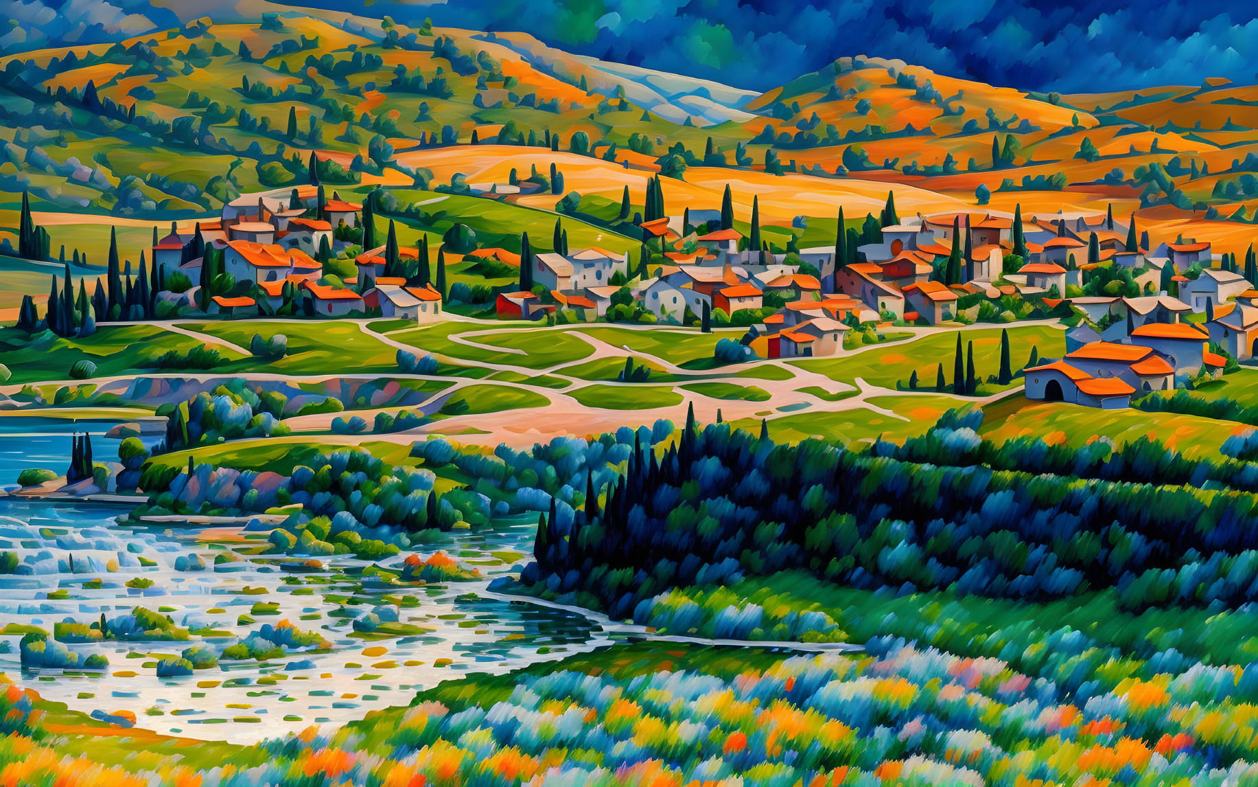 Colorful rural landscape painting with houses, hills, trees, and river