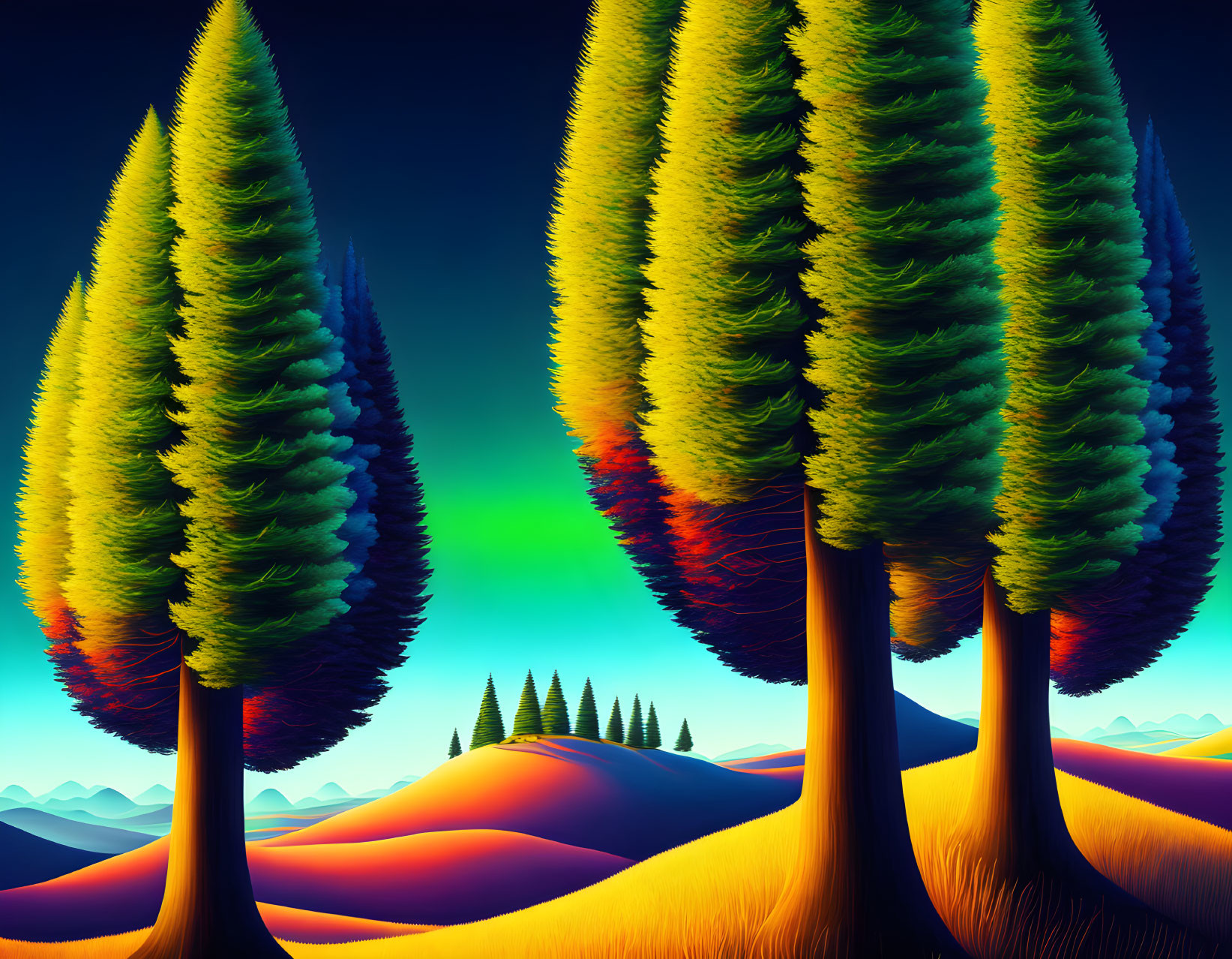 Surreal landscape with elongated trees and rolling hills under twilight sky