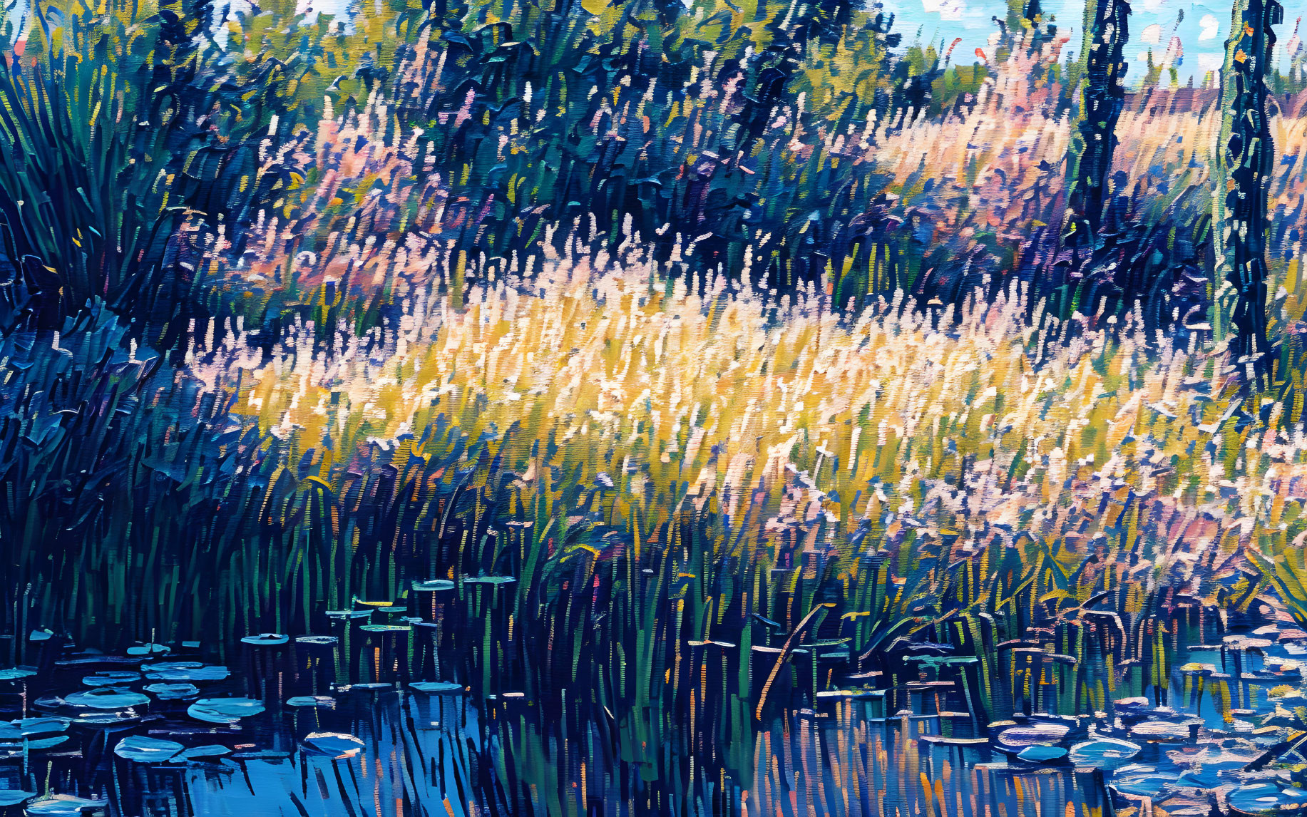 Vivid impressionistic painting of blue pond and yellow flowers