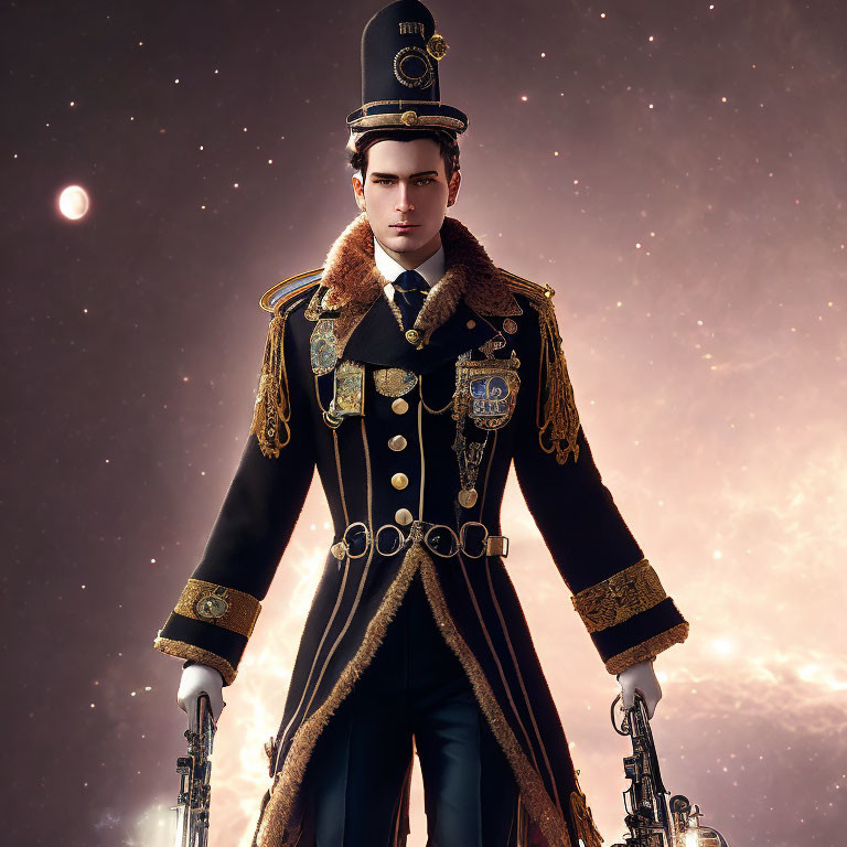 Detailed digital artwork of man in ornate military uniform against cosmic backdrop