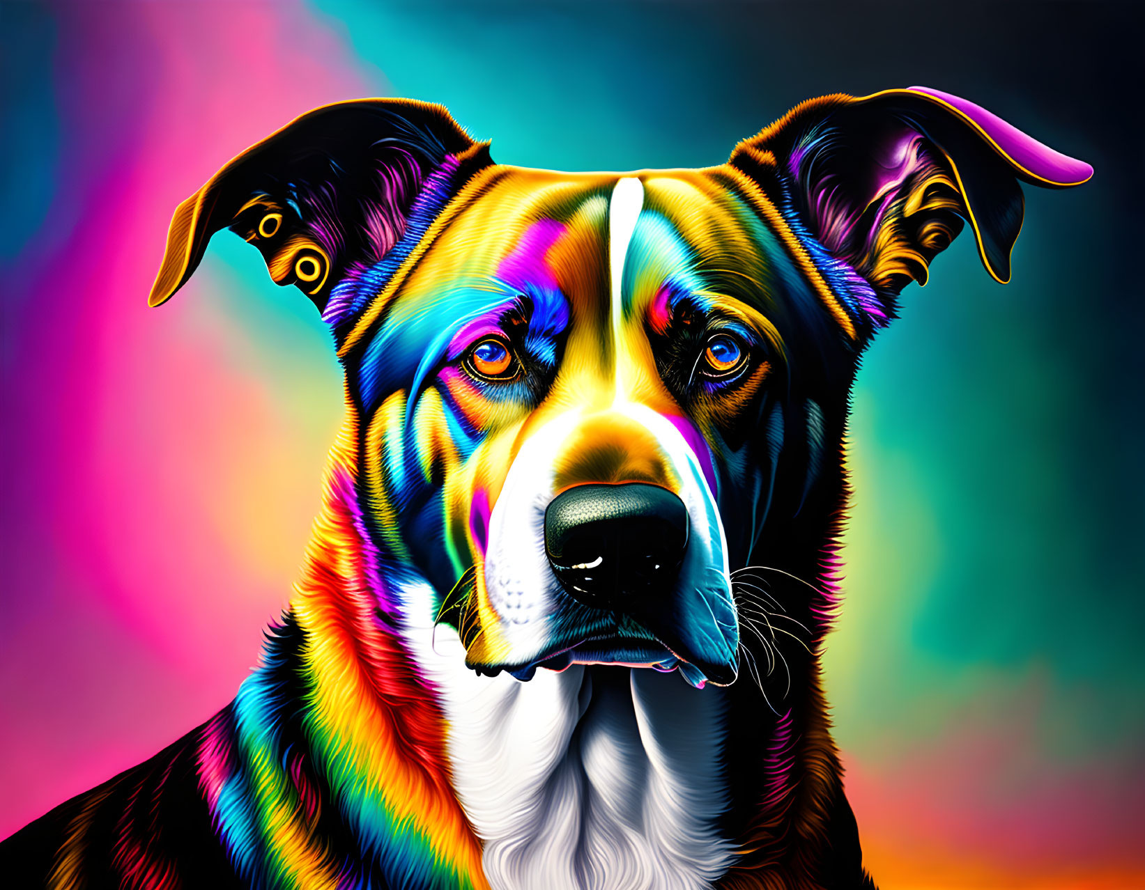 Colorful Dog Artwork with Abstract Patterns on Neon Background