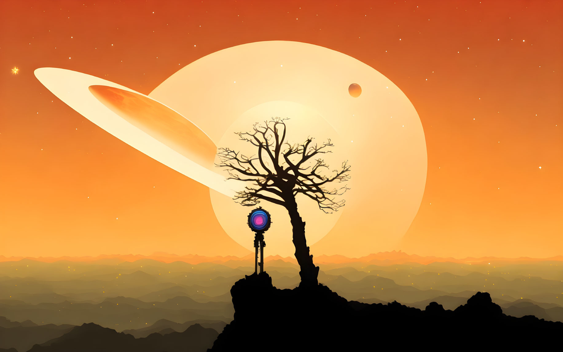 Barren tree on rocky outcrop under orange sky with planet, rings, and moons.