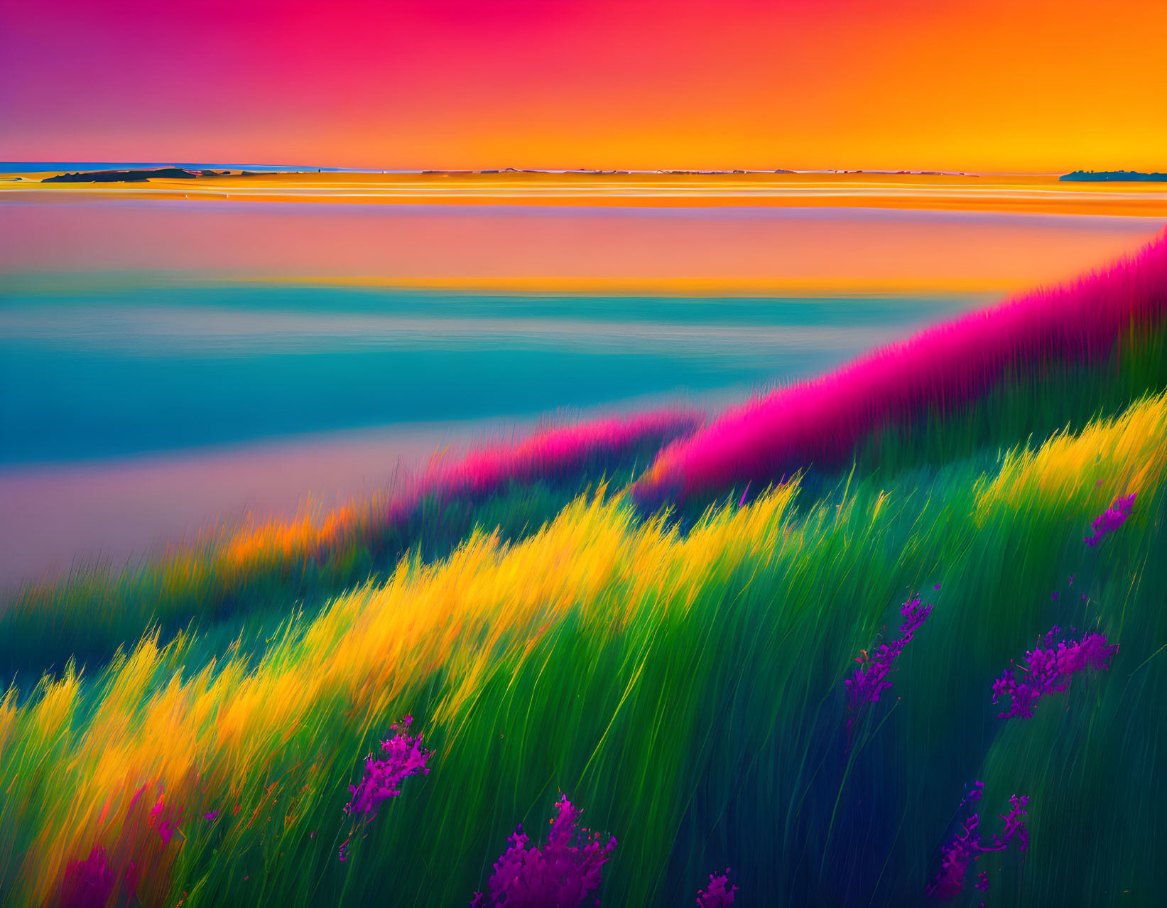 Colorful surreal landscape with gradient sky and vibrant grassy foreground.