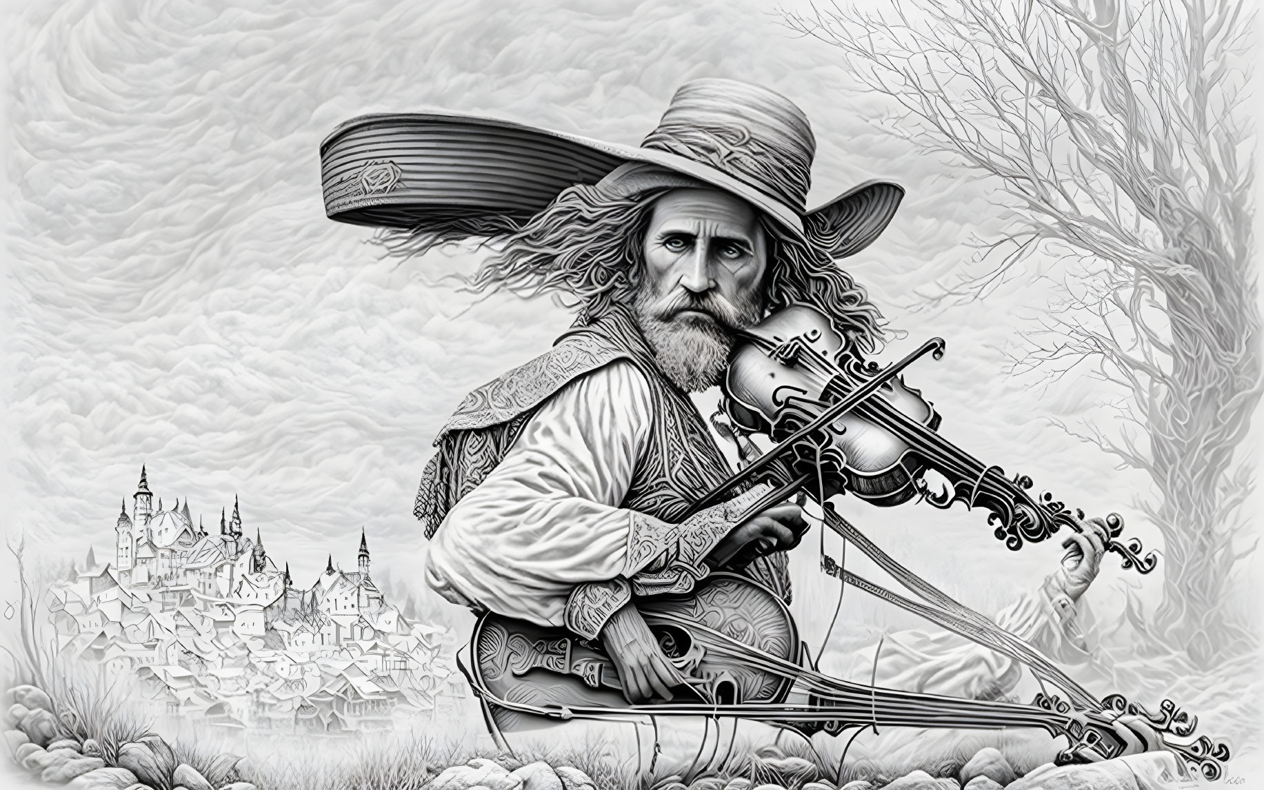 Monochromatic illustration: Bearded man in hat playing violin with detailed castle backdrop