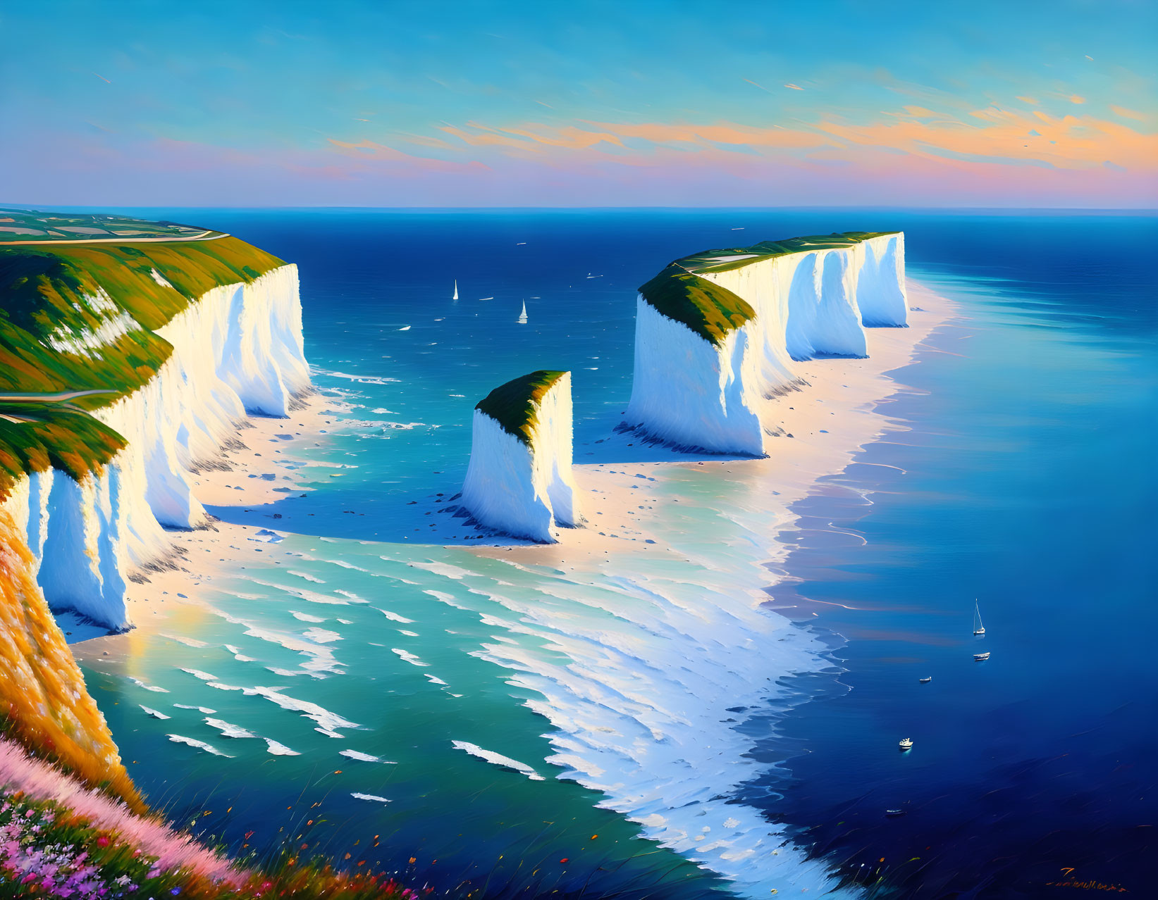 Scenic painting of white cliffs, ocean, boats, and sunset sky