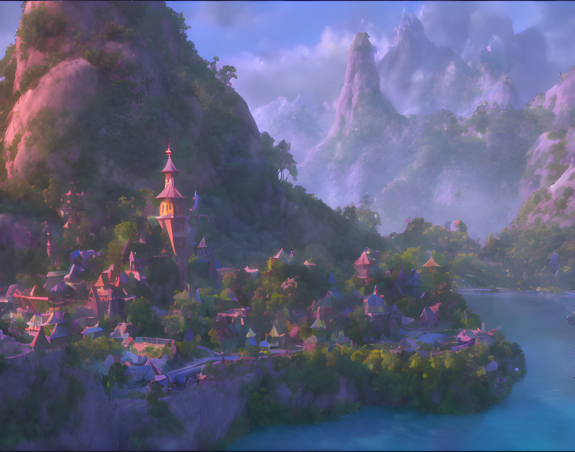 Tranquil fantasy village by lake and mountains