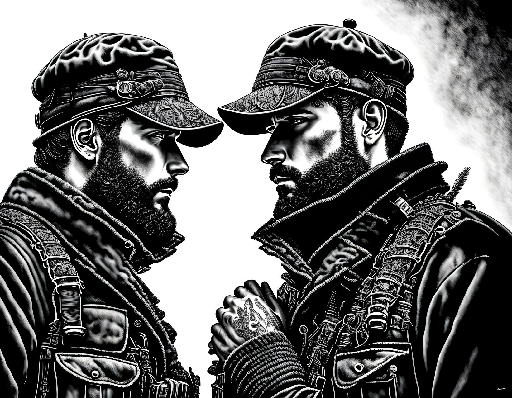 Detailed black and white digital artwork of two bearded soldiers in military gear.