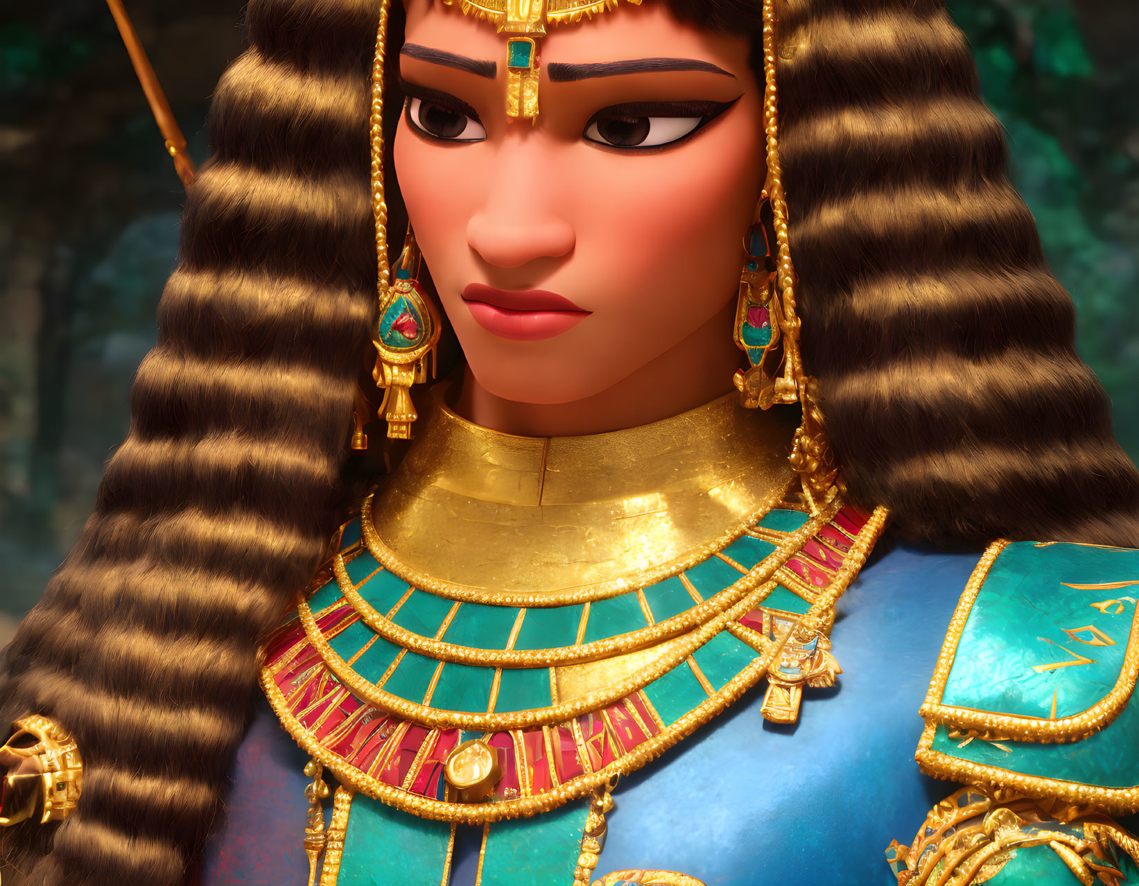 Detailed Egyptian queen character with gold jewelry in nature backdrop