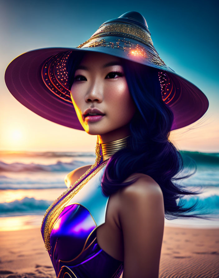 Woman with Embellished Hat and Neck Rings on Sunset Beach: Futuristic Cultural Fusion