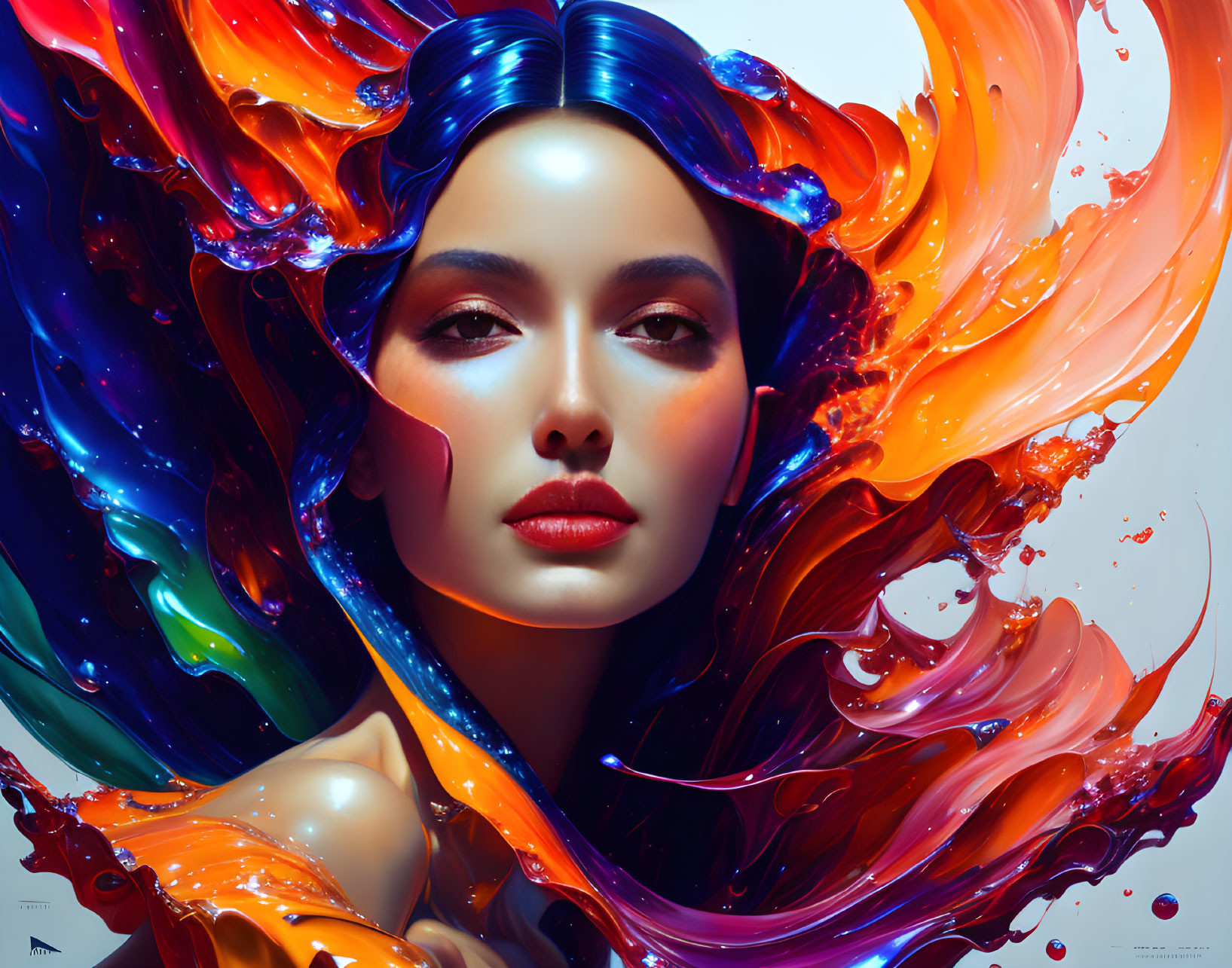 Colorful digital artwork of woman's face with flowing liquid tendrils