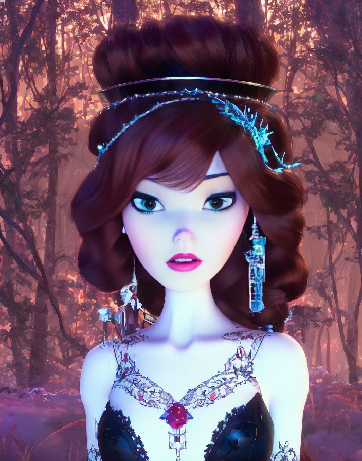 Detailed 3D female character in mystical forest with updo, tiara, embroidered dress, and