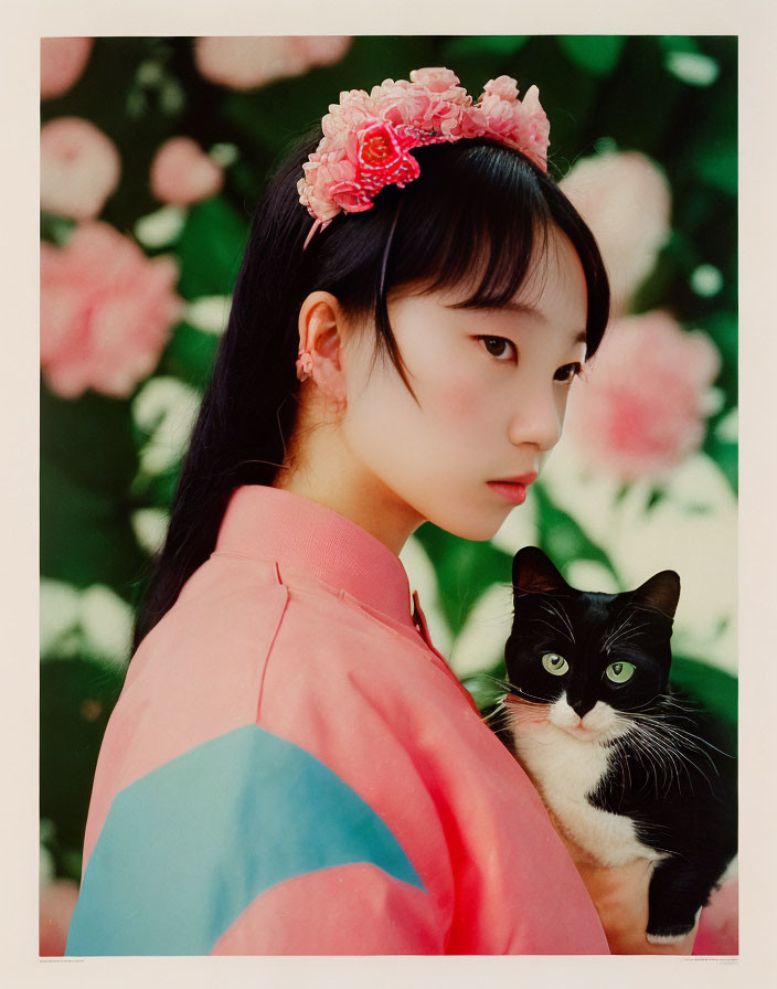 Traditional pink and blue outfit girl with floral headpiece holding black and white cat among pink flowers