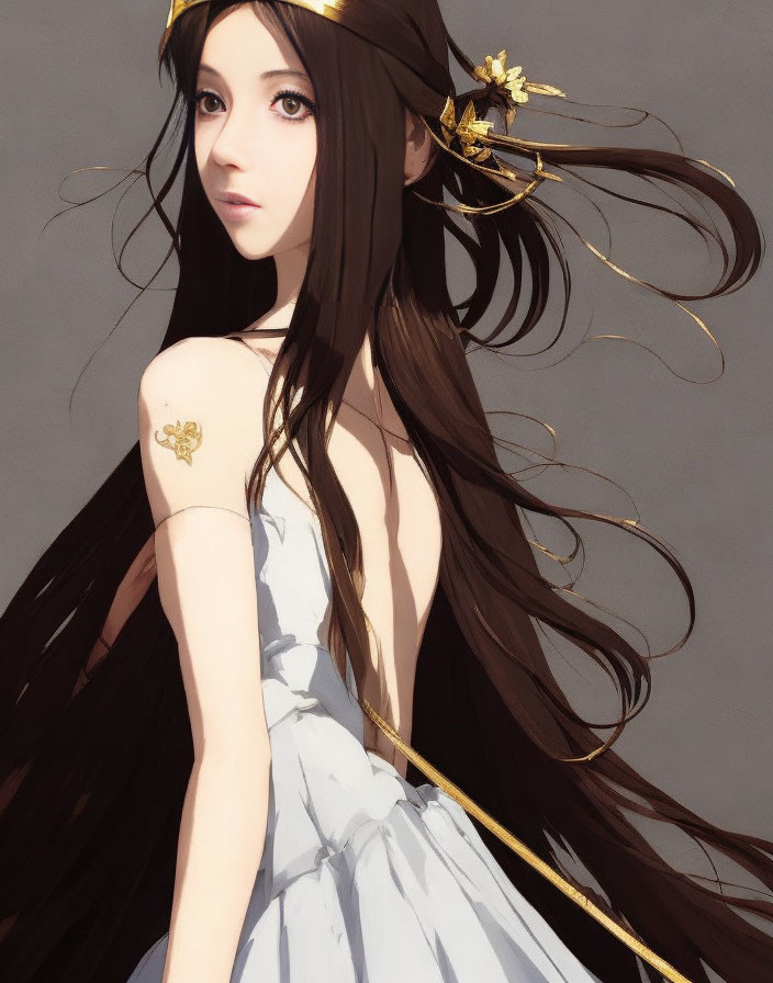 Illustration of woman with long brown hair, white dress, gold accent, and shoulder tattoo