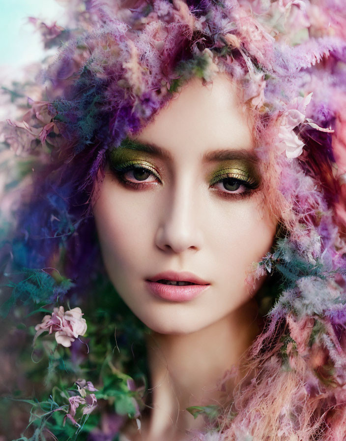 Portrait of woman with vibrant floral headwear and green eyeshadow