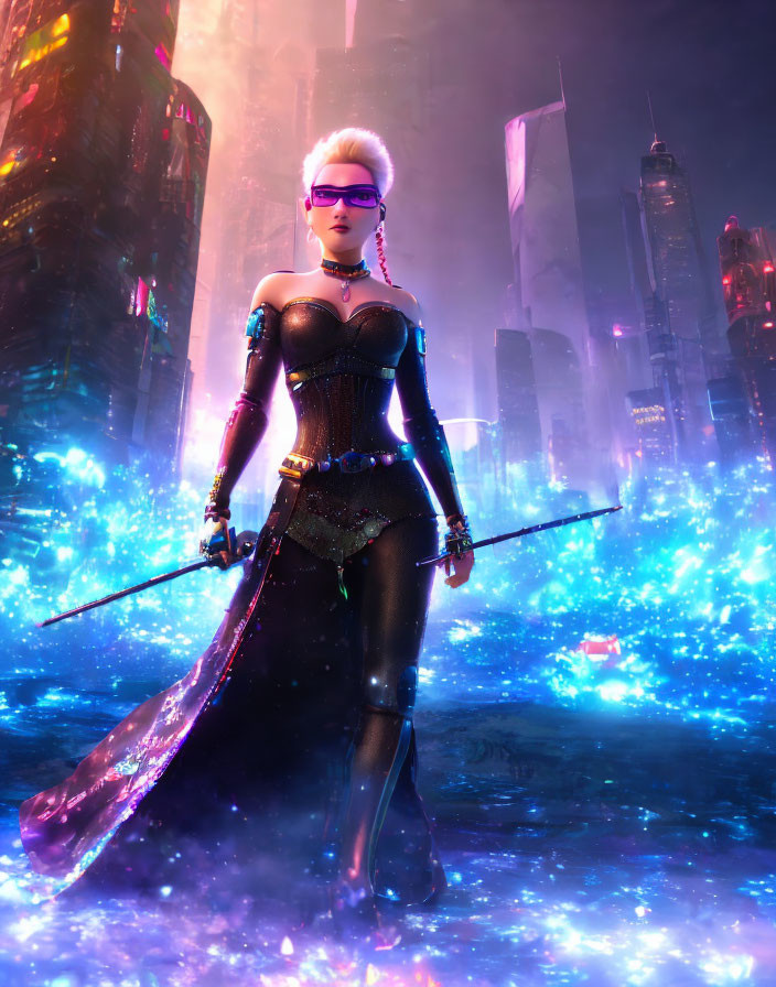 Stylized female character in futuristic city with glowing sword and cape