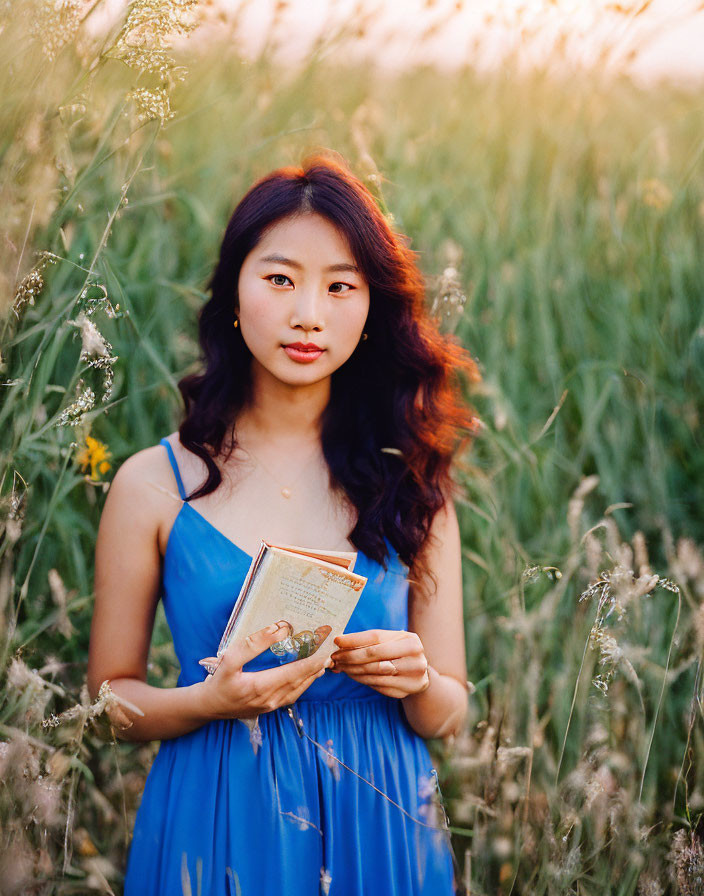 Woman in Blue Dress Holding Book in Sunlit Grass