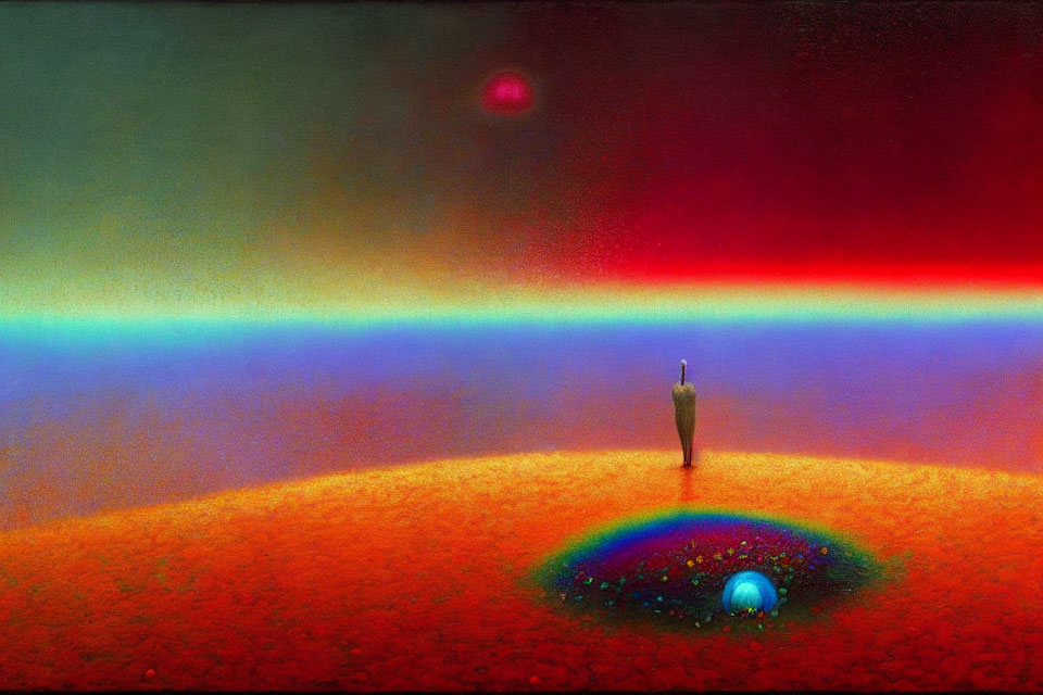 Colorful surreal landscape with figure and bubble on textured ground