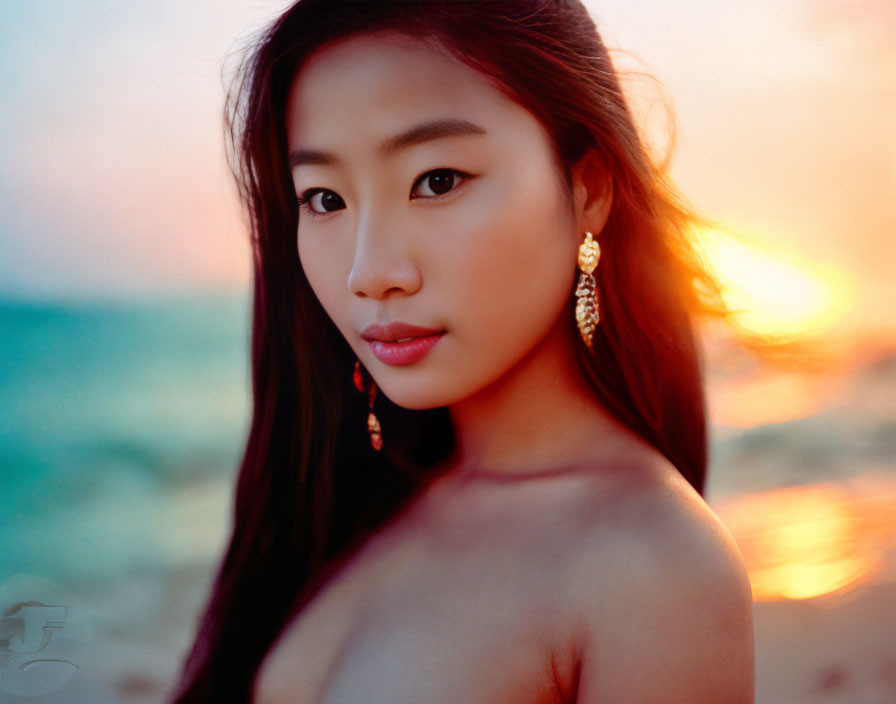 Long-haired woman with golden earrings on beach at sunset