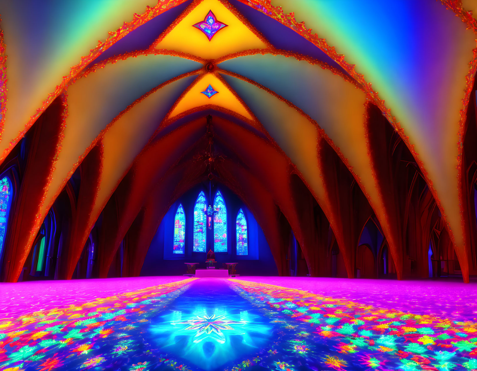 Colorful neon-lit gothic cathedral interior with rainbow hues.