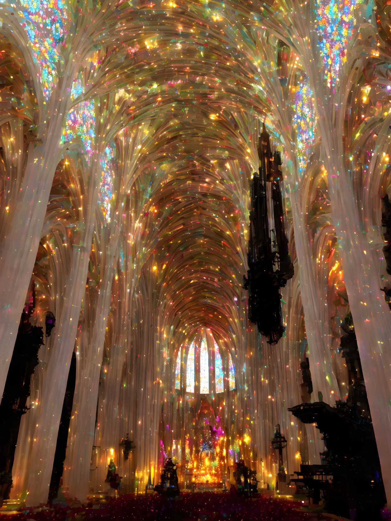 Gothic Cathedral Interior with Vaulted Ceiling and Stained Glass Windows