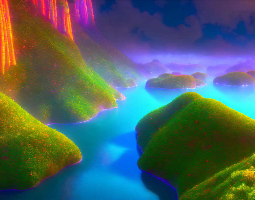 Vibrant surreal landscape with glowing vegetation and pink waterfalls