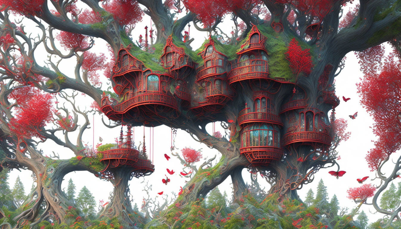 Enormous tree with red foliage and wood-carved houses nestled within branches