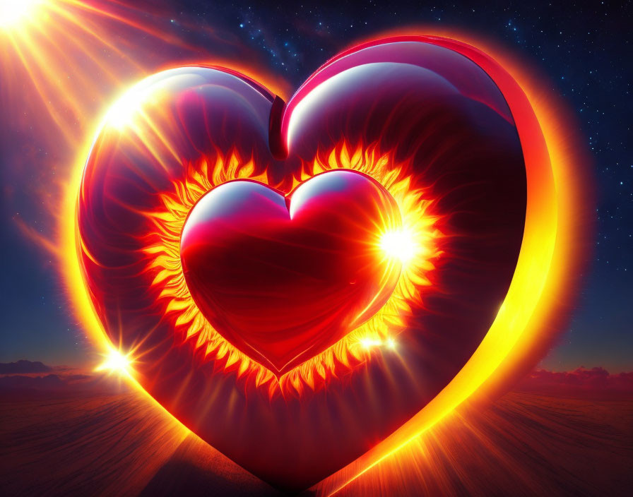 Digital Artwork: Glowing Hearts in Twilight Sky