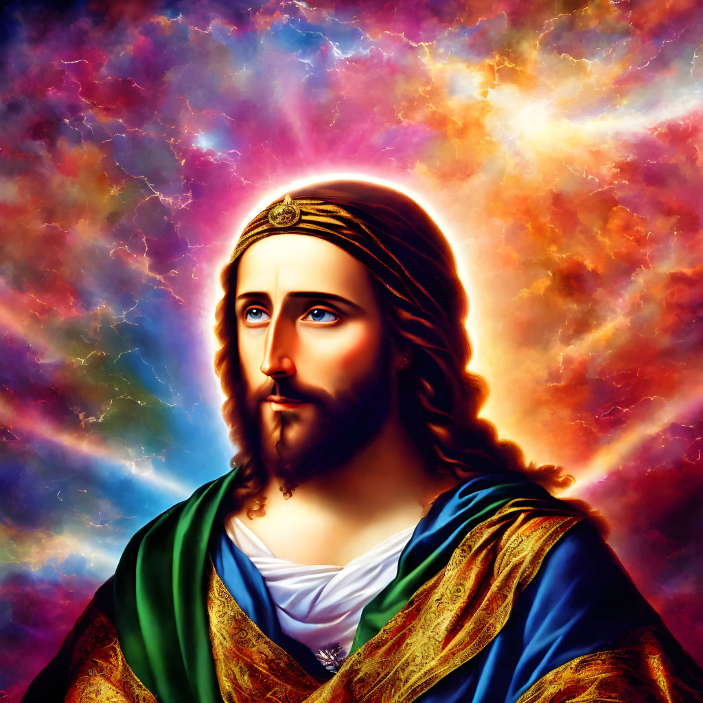 Man with Long Hair and Beard in Robe Against Colorful Nebula Background