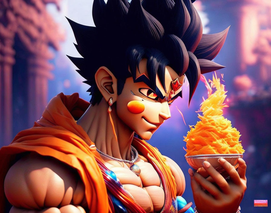 Spiky-haired character in orange martial arts outfit with glowing object