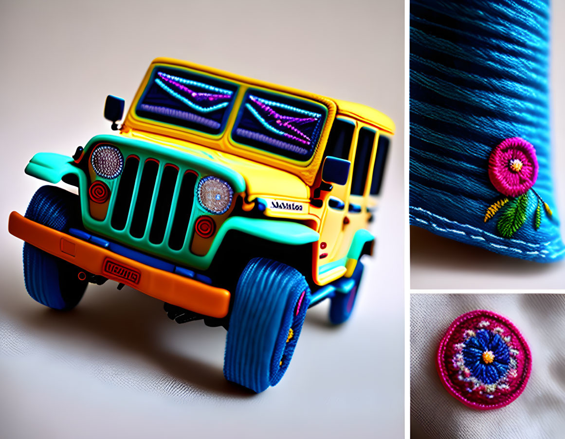 Colorful Toy Jeep with Blue Wheels Next to Embroidered Flower and Thread