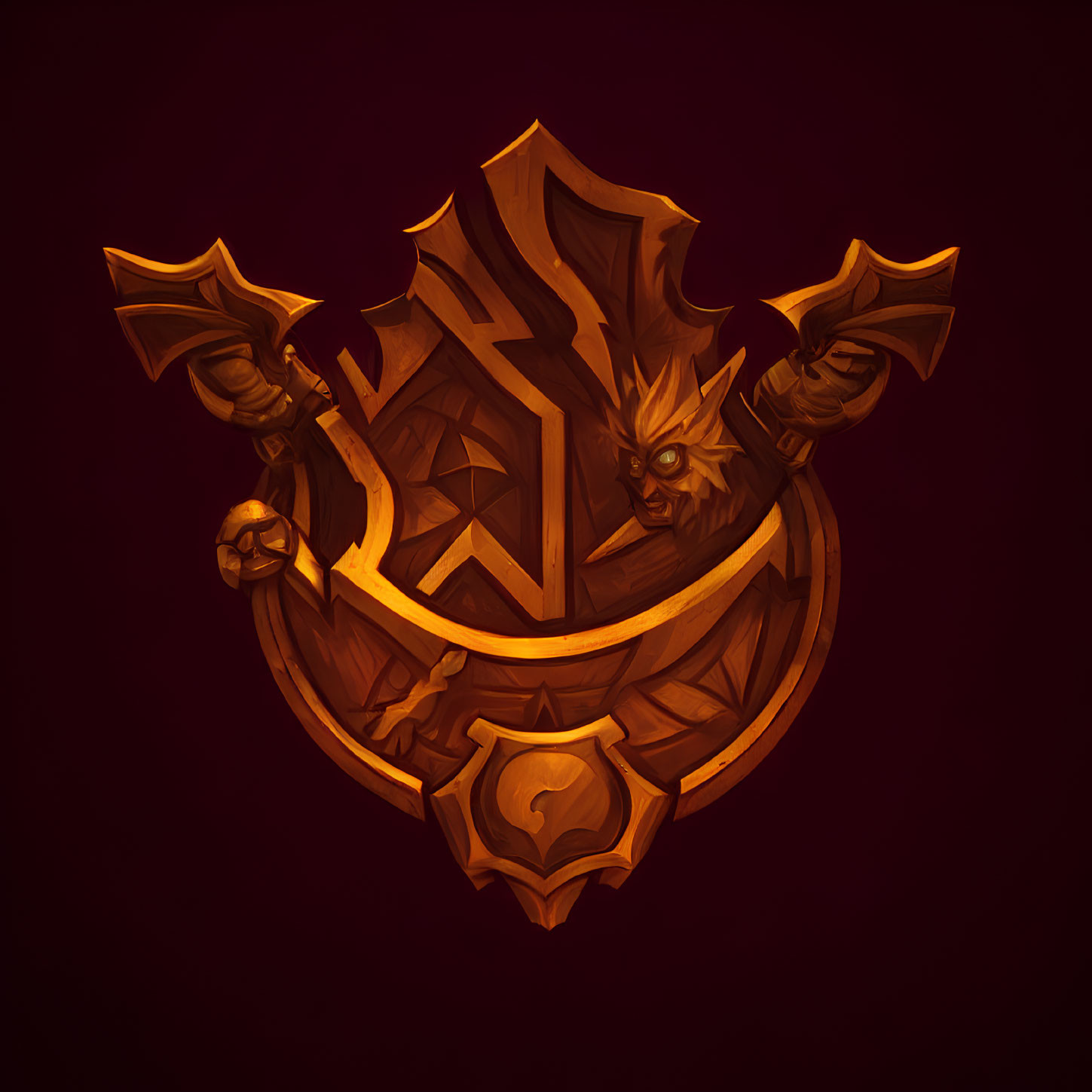 Golden emblem with lion's face and flame-like mane on dark red background