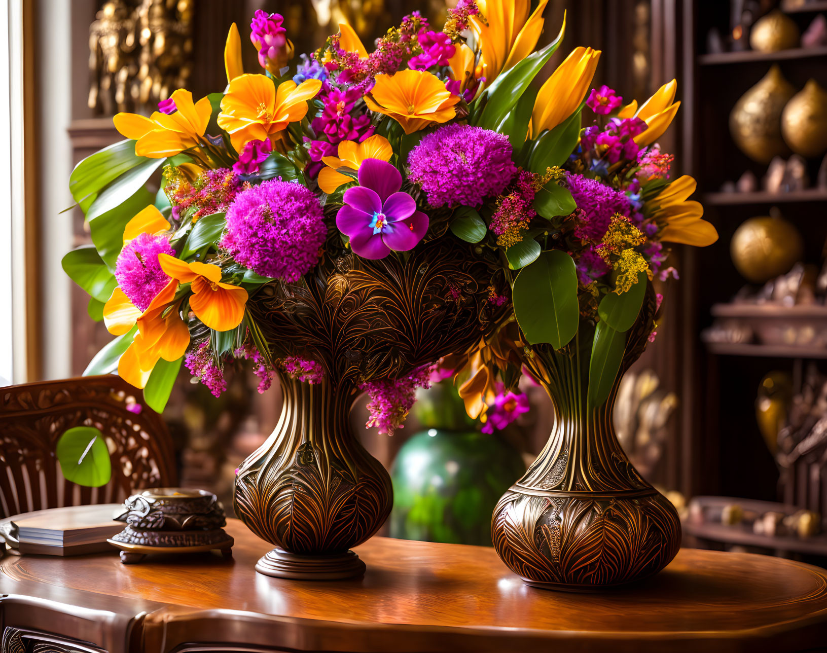 Bronze vase with colorful flower bouquet on wooden table