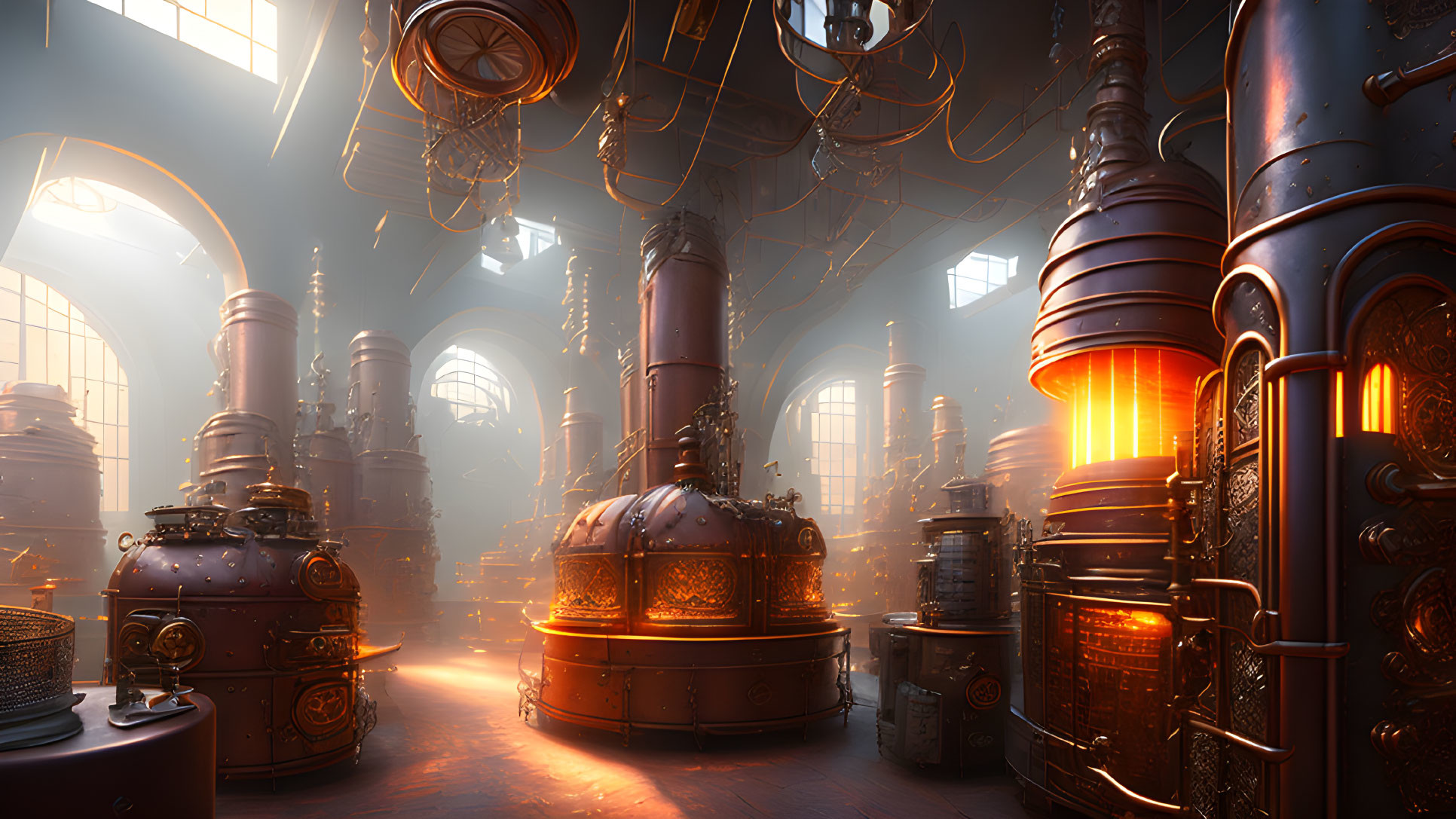 Industrial steampunk interior with ornate metal structures and glowing furnaces