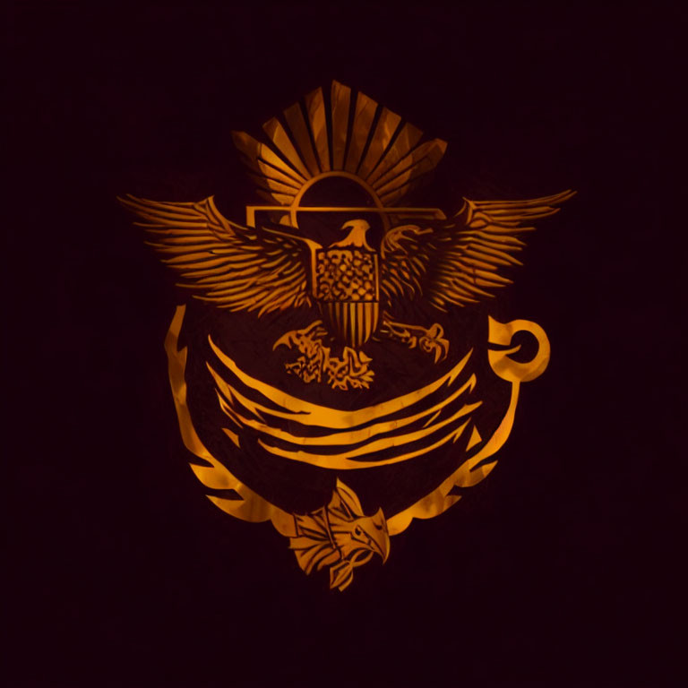 Stylized eagle emblem with shield in warm golden tone on dark background