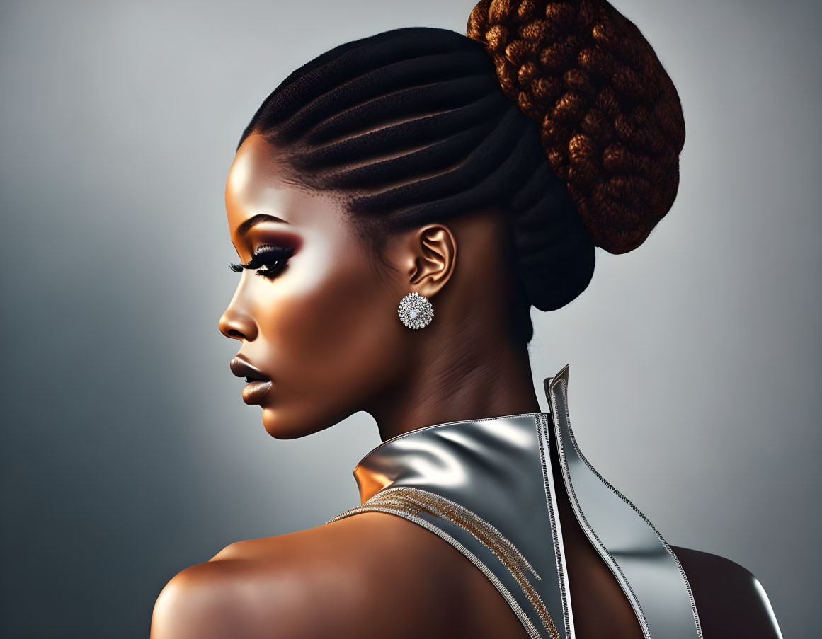 Woman with Braided Hair in Bun and Silver Outfit with Earring