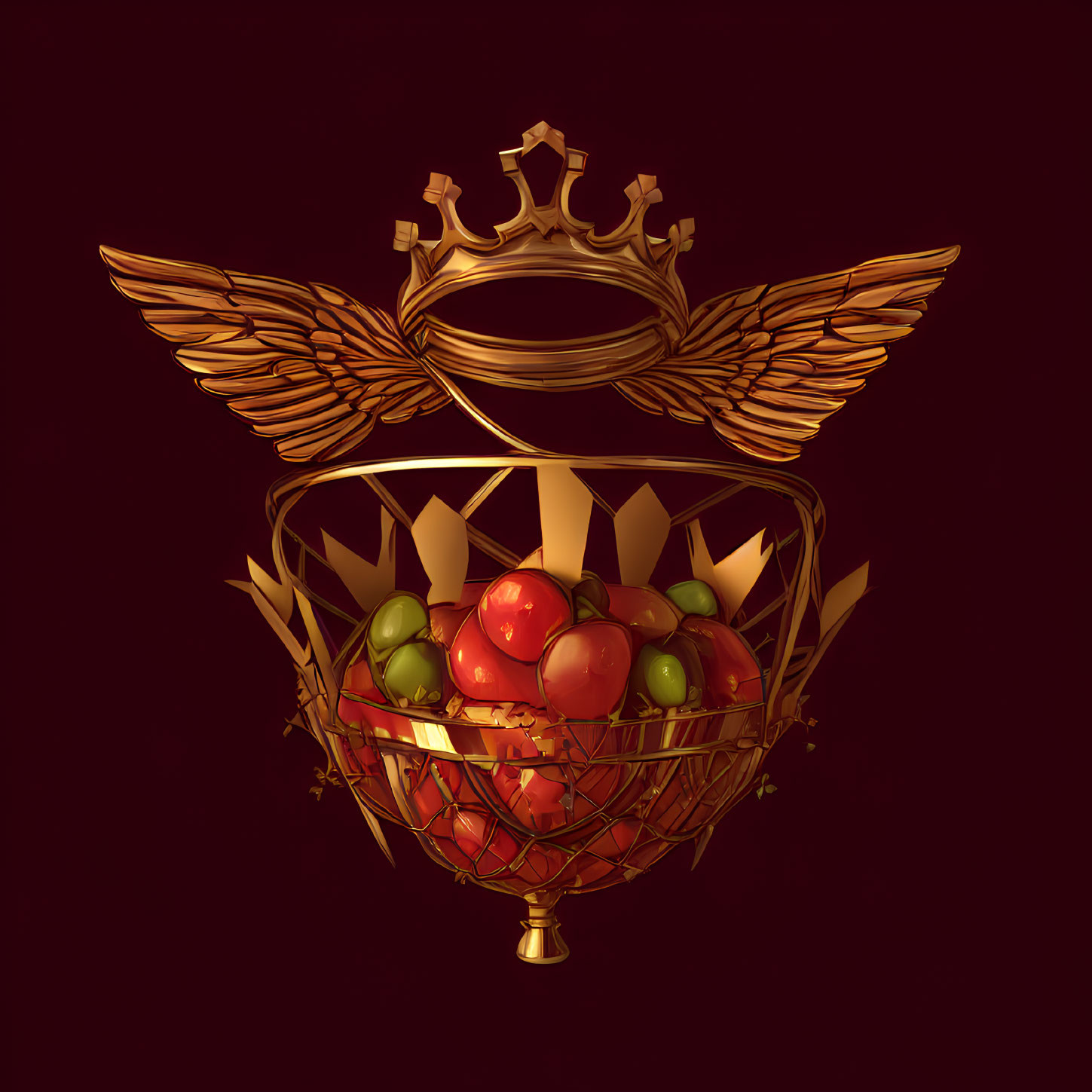 Golden Fruit Basket with Crown and Wings on Burgundy Background