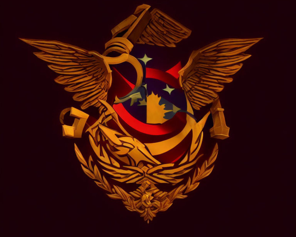 Emblem with shield, stars, stripes, eagle, anchors, rope in golden tones on dark background