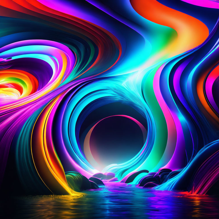 Colorful Abstract Waves Swirling Over Reflective Water