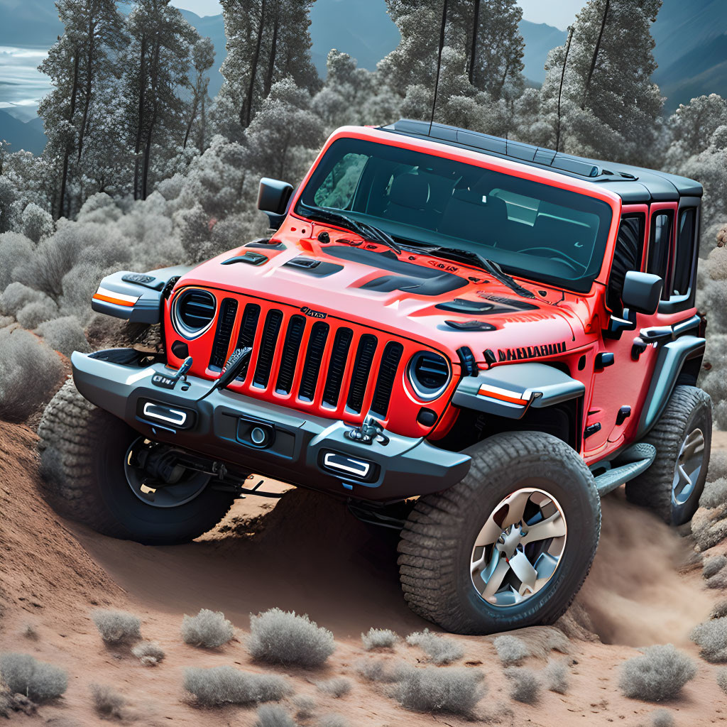 Red Jeep Wrangler off-roading in rugged sandy landscape