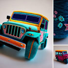 Colorful Toy Jeep with Blue Wheels Next to Embroidered Flower and Thread