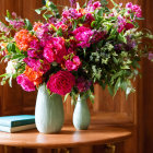 Bronze vase with colorful flower bouquet on wooden table