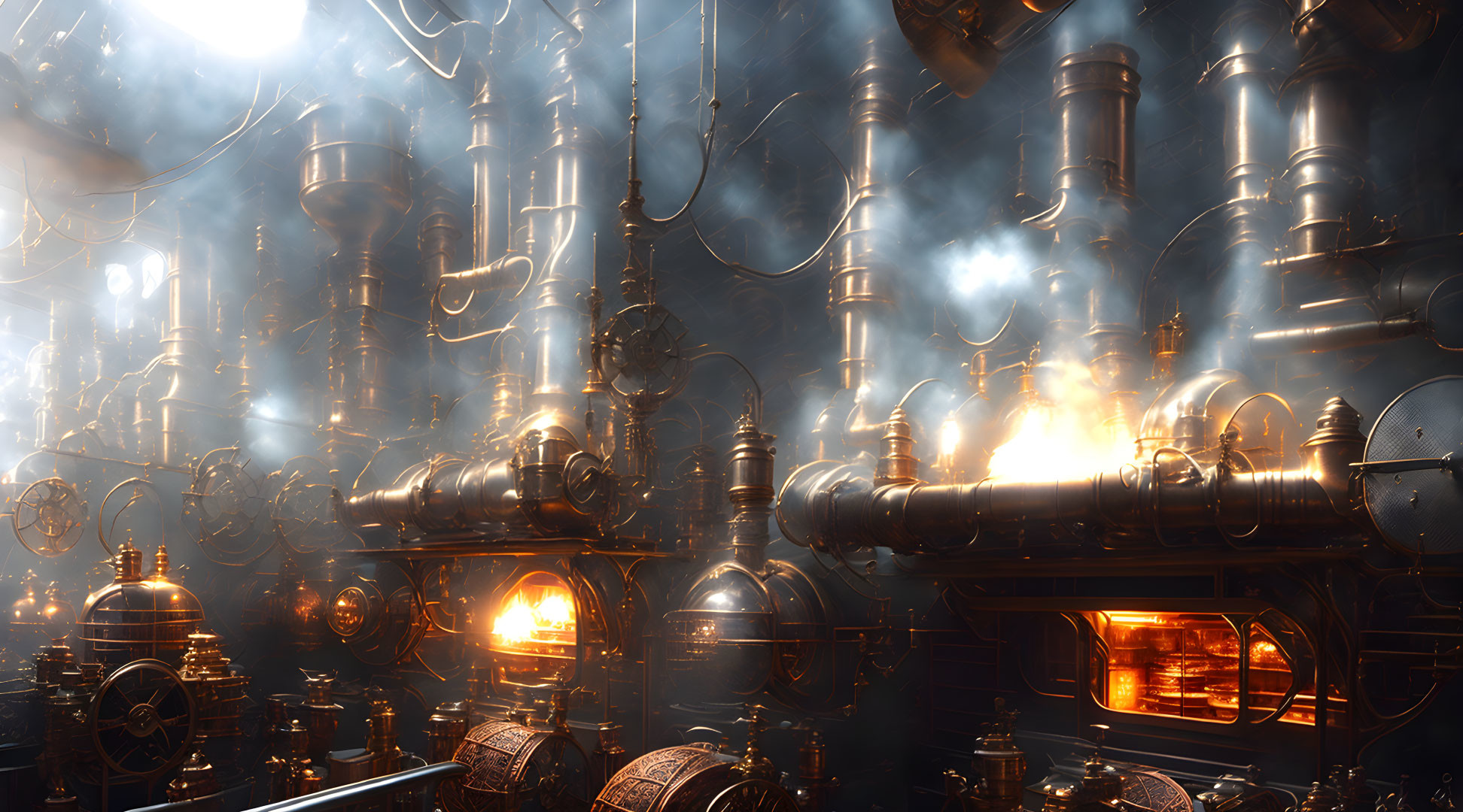 Shiny metallic pipes and valves with glowing furnaces emitting steam in dim industrial scene