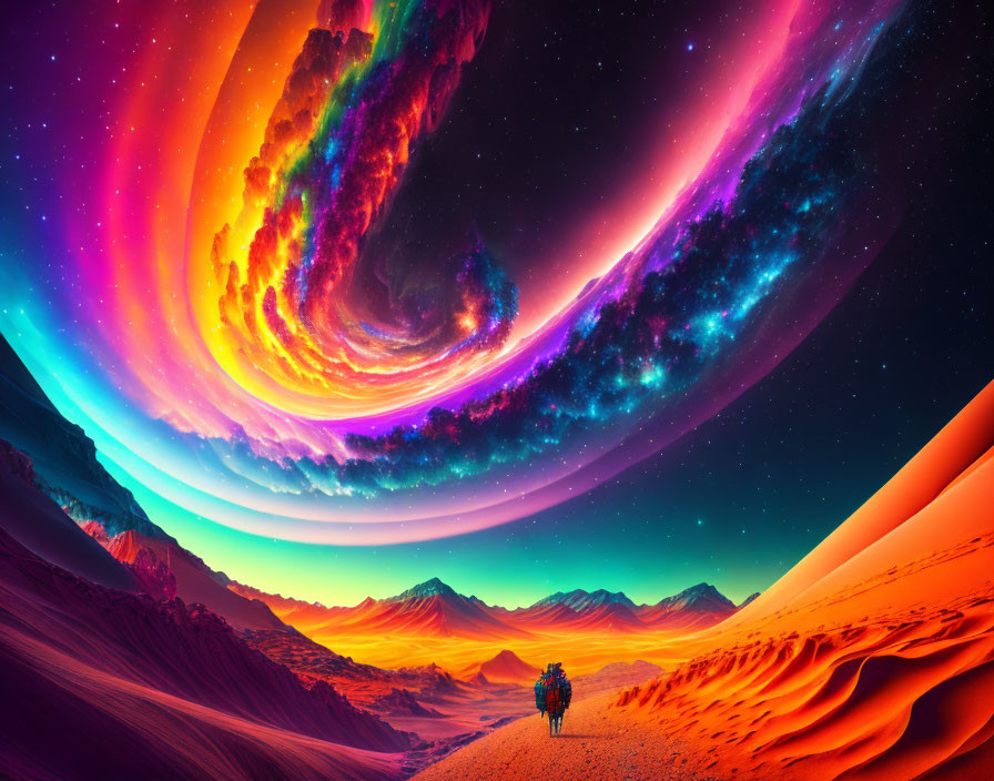 Colorful digital artwork: Person in surreal desert with swirling nebula.