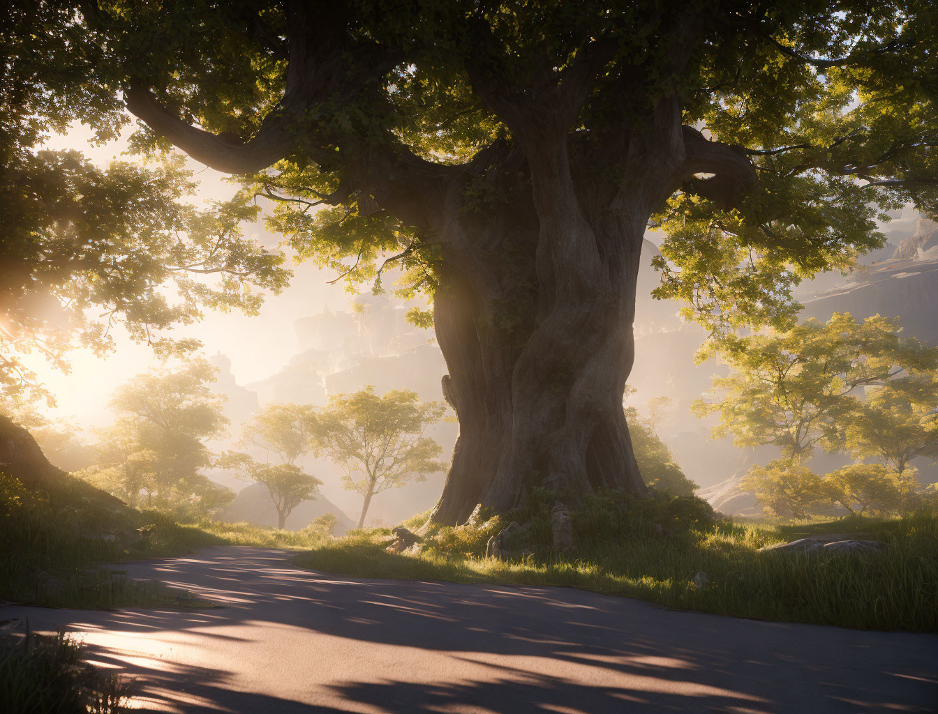 Serene landscape: large tree shadow on winding road in misty forest