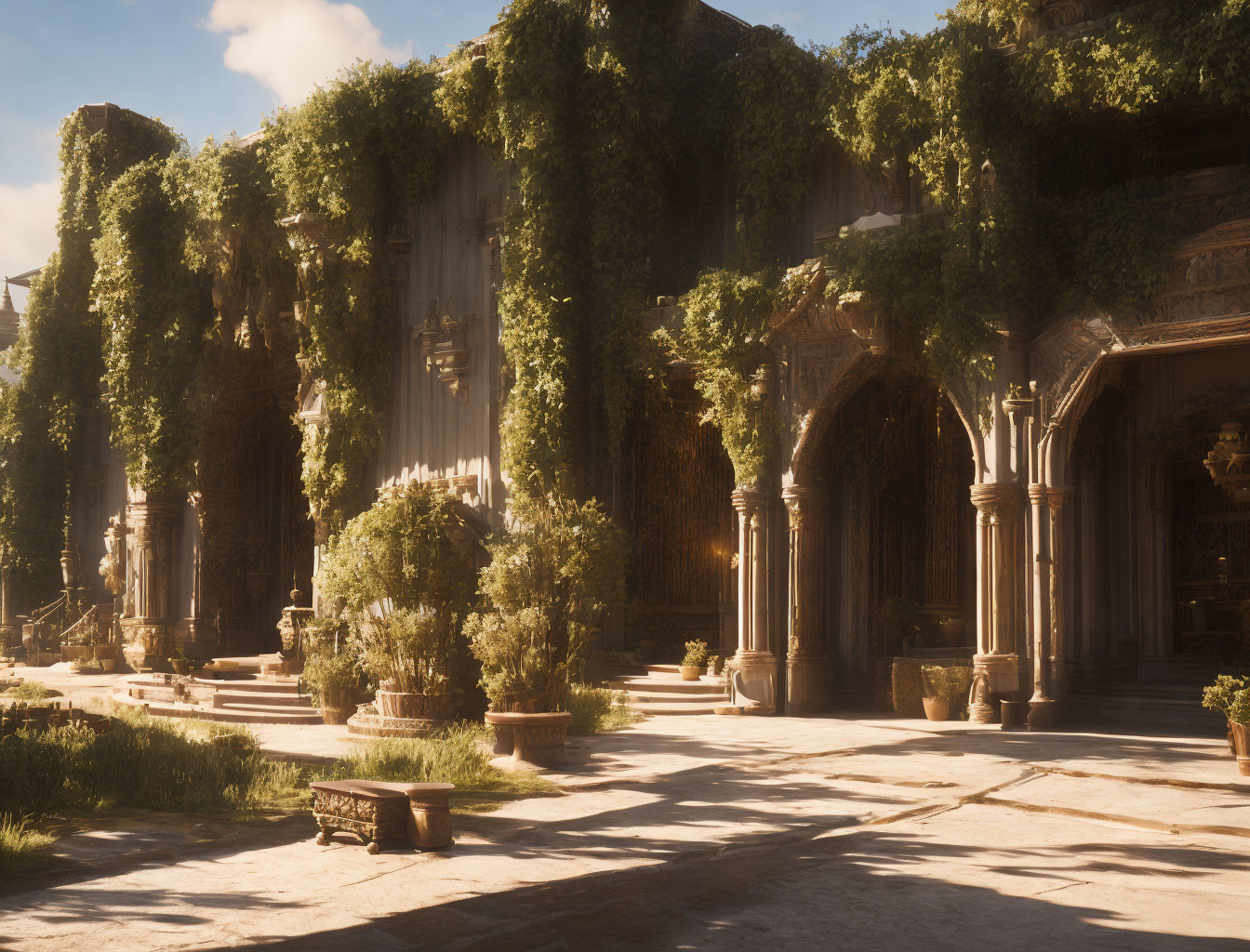 Ancient courtyard with ivy-covered pillars, archways, benches, and potted plants