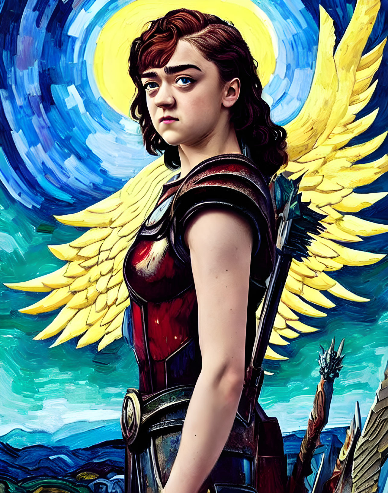 Young Woman Poses in Dramatic Warrior Attire with Halo and Wings