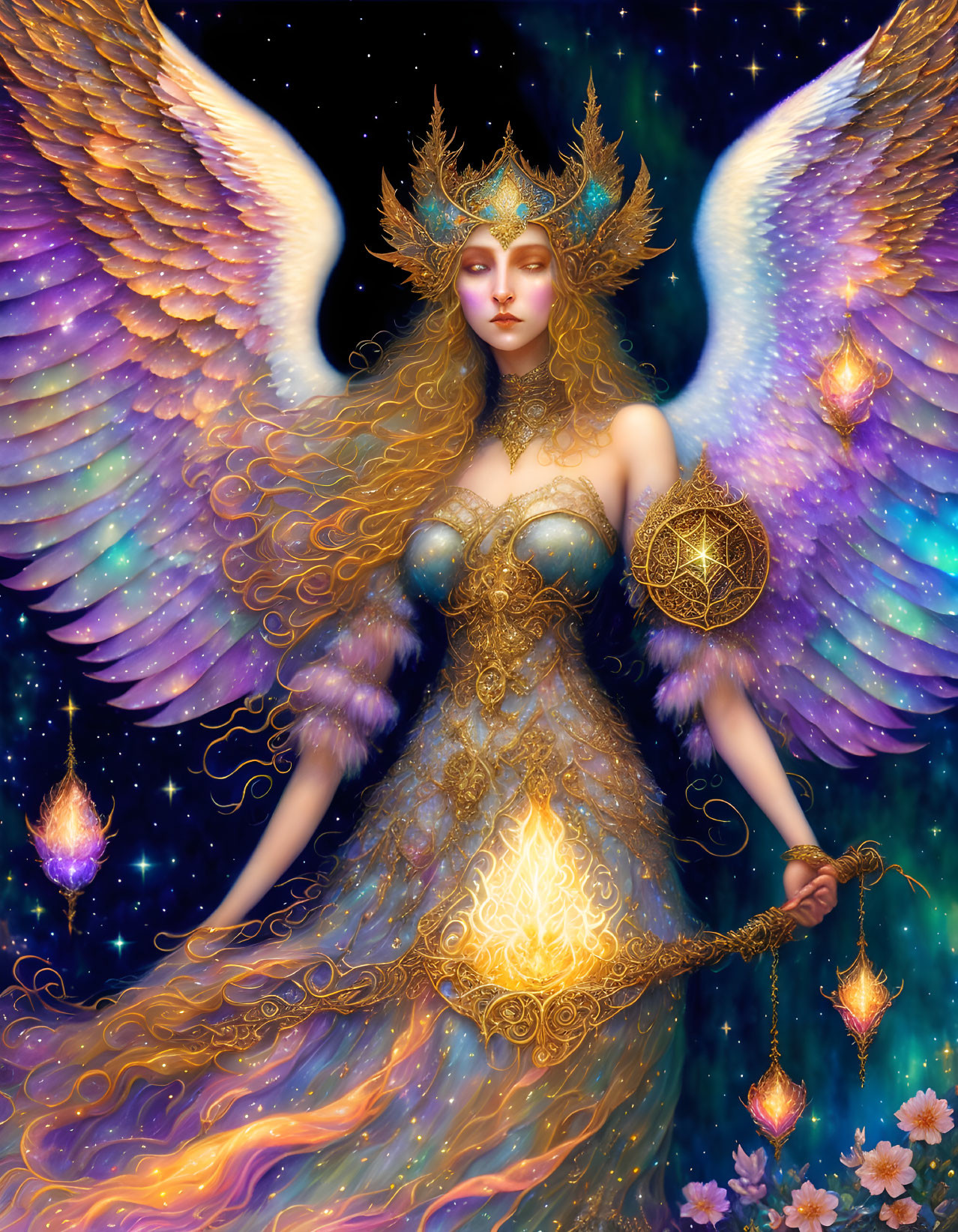 Ethereal figure with angelic wings and celestial crown holding glowing orb and scales in golden starry