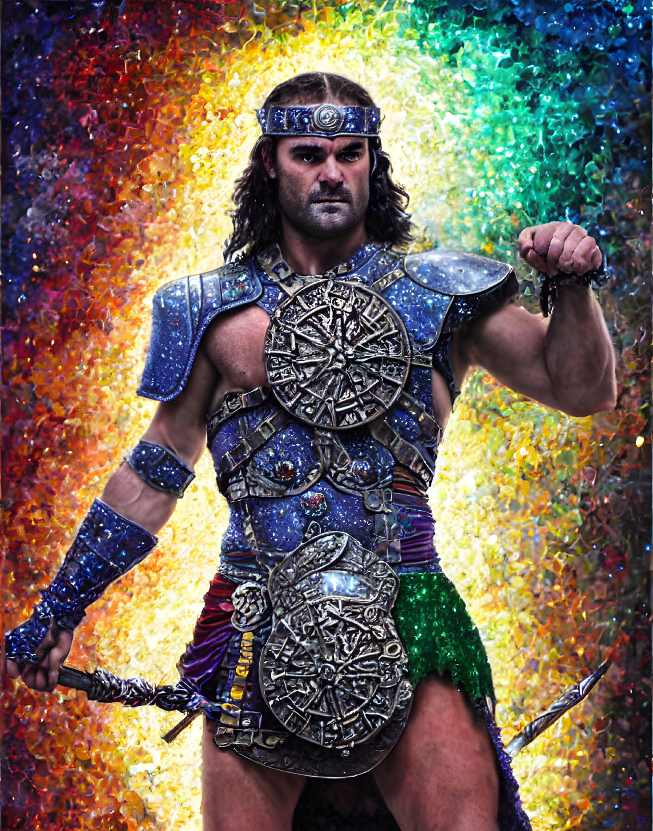 Muscular man in colorful warrior costume flexes bicep on multicolored background